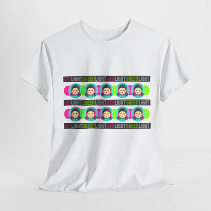 Squid Game Unisex Men’s Women’s Graphic Cotton Funny T Shirt Tee Street Urban featuring vibrant red and green lights with playful cartoon characters, perfect for making a bold statement.