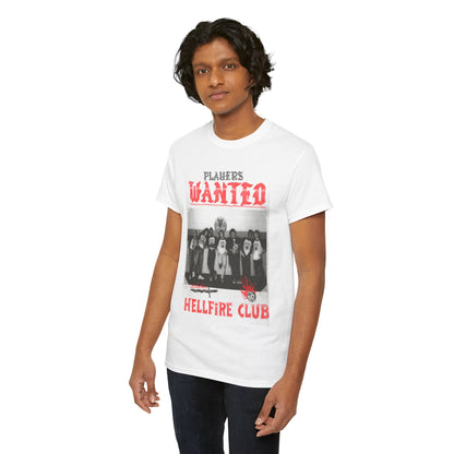 A stylish individual showcasing the premium Hellfire Club graphic t-shirt, featuring a nostalgic design that resonates with the essence of adventure and friendship from Stranger Things.