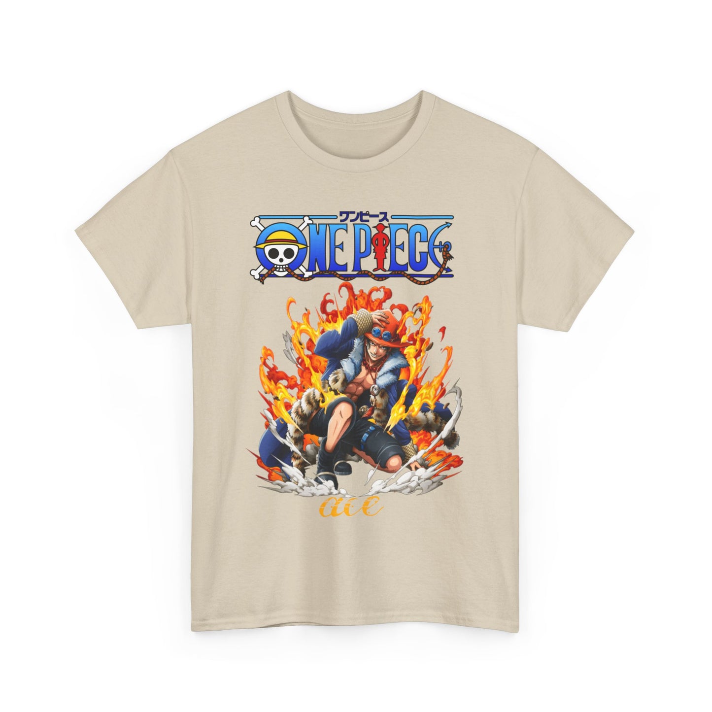 Luxurious beige men's T-shirt featuring a vibrant illustration of a character surrounded by dynamic flames and the One Piece logo, perfect for anime enthusiasts.