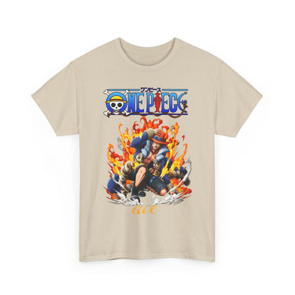 Luxurious beige men's T-shirt featuring a vibrant illustration of a character surrounded by dynamic flames and the One Piece logo, perfect for anime enthusiasts.