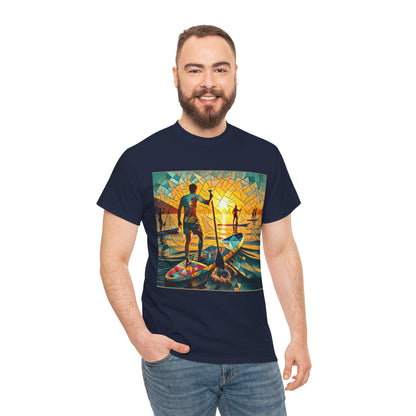 Model wearing Luxury Paddleboarding Scene T-Shirt by Dazzling Dreams Studio, highlighting the stylish design and comfortable fit for adventure enthusiasts.