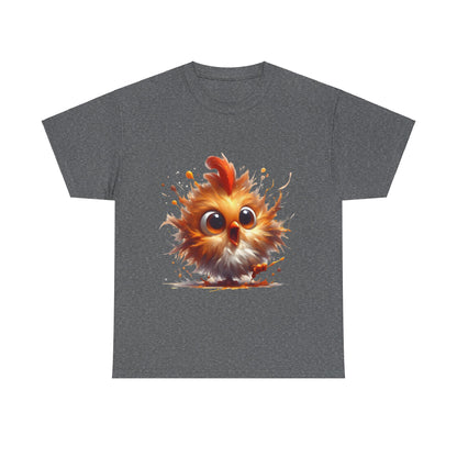 Explosive Joy Tee - Cartoon Bird Edition: A refined unisex tee adorned with a vibrant cartoon bird illustration, presented on a dark grey fabric, blending fun and sophistication effortlessly.