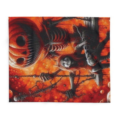Intriguing close-up of the Decorative and Warm Halloween Spooky Arctic Fleece Blanket, highlighting intricate Halloween themed artwork against a dramatic colour backdrop.