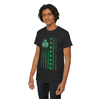 Trendy model posing in a St Patricks Day Unisex Men's Women's Graphic Cotton Funny T Shirt Tee Vintage, highlighting a bold four-leaf clover and American flag design.