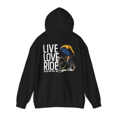 Chic black hoodie presenting the dynamic 'LIVE LOVE RIDE' graphic on the back, a must-have for those who embrace adventure with style.