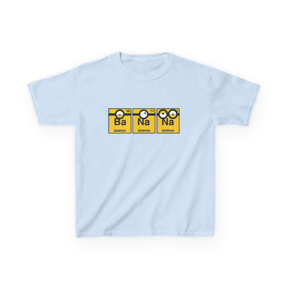 Minions Kids T-Shirt Banana Yellow Periodic Table Elements Tee in light blue, highlighting Barium and Sodium elements with quirky Minion designs, ideal for young learners. T Shirt, Funny, Minions.