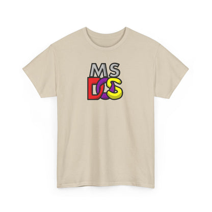 Unisex MS DOS Logo Graphic Tee showcasing a vibrant retro design on a beige background, crafted from luxurious 100% cotton for ultimate comfort.