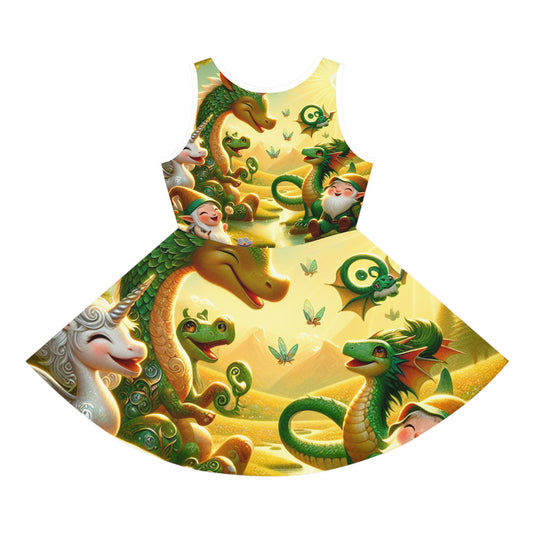Liliana Starlet Girls Sundress adorned with enchanting unicorns and playful dragons, perfect for summer gatherings, showcasing a luxurious design and ultimate comfort for young dreamers.