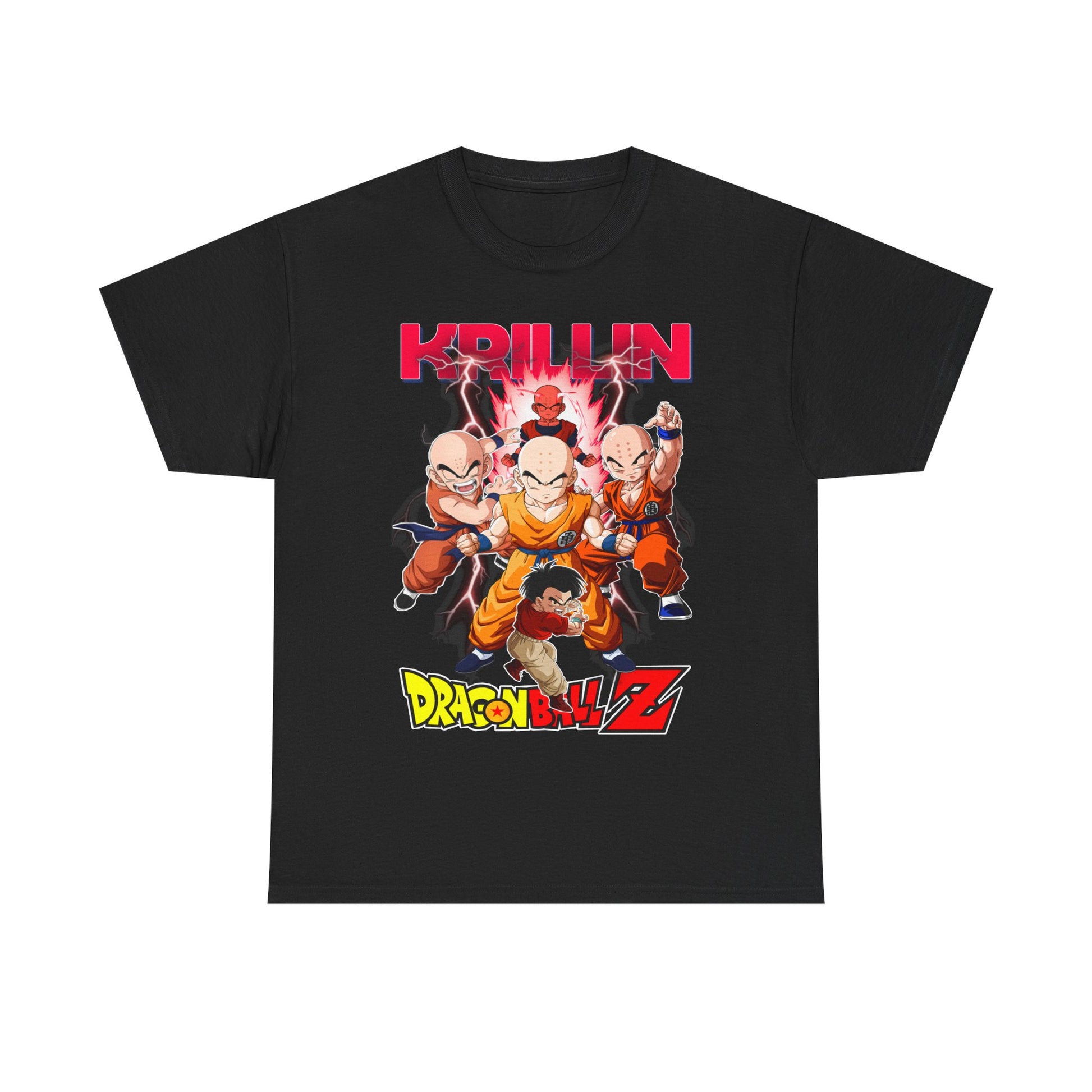 Elegant Dragon Ball Z men's T-shirt in classic black, adorned with striking Krillin graphic and vivid action pose, perfect for stylish fans of the legendary series.
