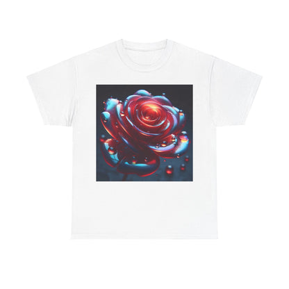 Ethereal Rose Unisex Graphic T-Shirt - Soft Cotton Tee showcasing a stunning iridescent floral design depicting a vibrant red rose surrounded by delicate water droplets on a white backdrop.