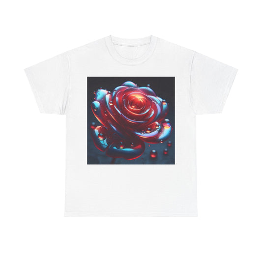 Ethereal Rose Unisex Graphic T-Shirt - Soft Cotton Tee showcasing a stunning iridescent floral design depicting a vibrant red rose surrounded by delicate water droplets on a white backdrop.