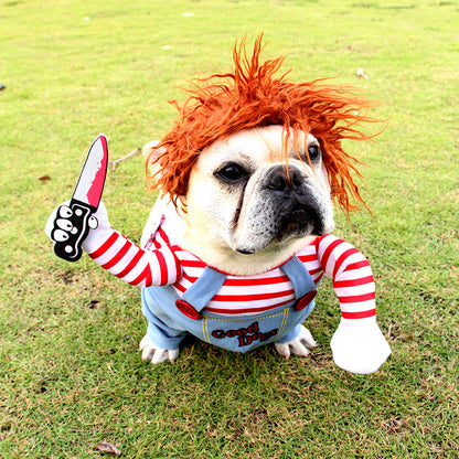 Halloween Pet Costume Pet Dog Funny Clothes capturing a charming Bulldog in an adorable costume with a playful expression, epitomising Halloween fun.
