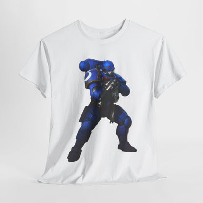 Luxury unisex graphic t-shirt featuring a striking blue-armoured Space Marine design, perfect for casual wear and sci-fi enthusiasts.