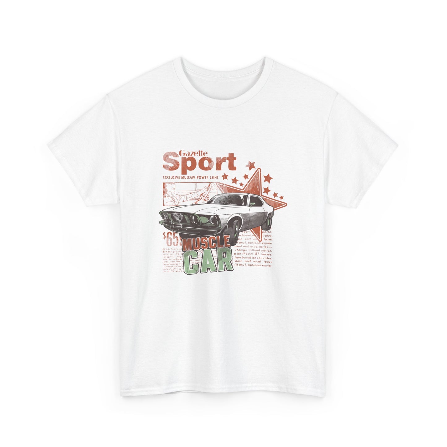 Luxurious Retro Muscle Car Graphic T-shirt featuring a vintage design with 'Gazette Sport' and 'Muscle Car' typography on a white background, perfect for car enthusiasts.