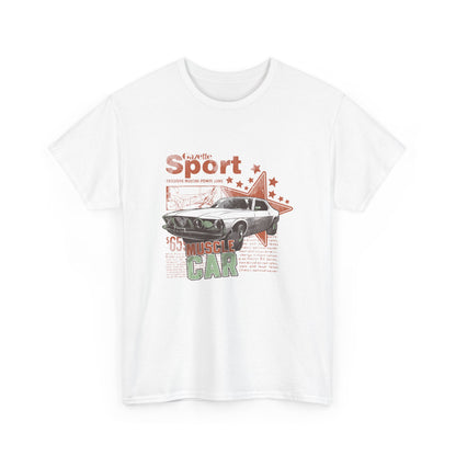 Luxurious Retro Muscle Car Graphic T-shirt featuring a vintage design with 'Gazette Sport' and 'Muscle Car' typography on a white background, perfect for car enthusiasts.