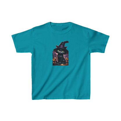 Kids Cute Kitten Halloween T-shirt in vibrant turquoise, featuring an adorable kitten dressed as a witch, perfect for festive celebrations.