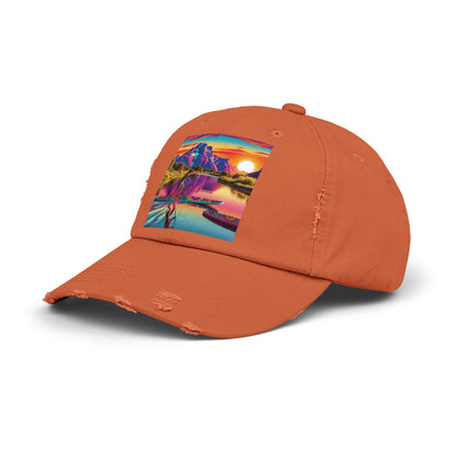 Unisex Distressed Paddleboarders Cap in a bold orange hue, adorned with an eye-catching paddleboarding design for the adventurous spirit.