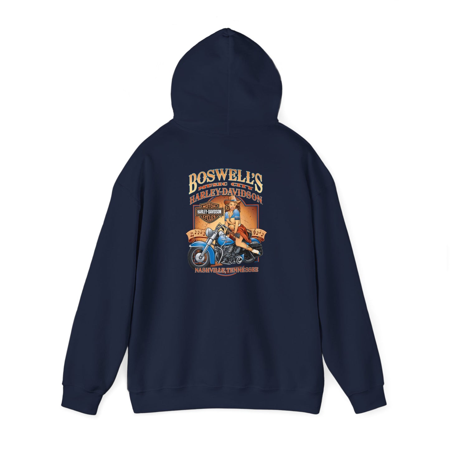 Elegant navy hoodie showcasing a back design inspired by vintage aesthetics, highlighting a confident pin-up girl posed atop a classic motorcycle, representing the spirit of Nashville.