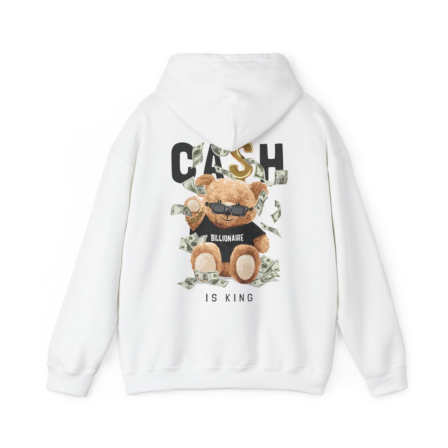 Chic white hoodie featuring an adorable teddy bear graphic in sunglasses, surrounded by dollar bills with the text 'CASH IS KING' and 'BILLIONAIRE' on a stylish black t-shirt.