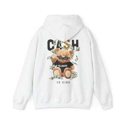 Chic white hoodie featuring an adorable teddy bear graphic in sunglasses, surrounded by dollar bills with the text 'CASH IS KING' and 'BILLIONAIRE' on a stylish black t-shirt.