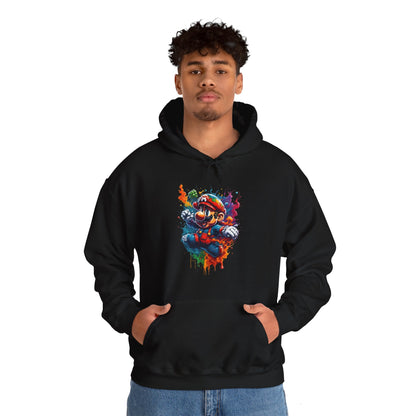 Model wearing a sophisticated unisex lightweight hooded sweatshirt with a vibrant gaming graphic, highlighting both comfort and fashion for gaming enthusiasts.