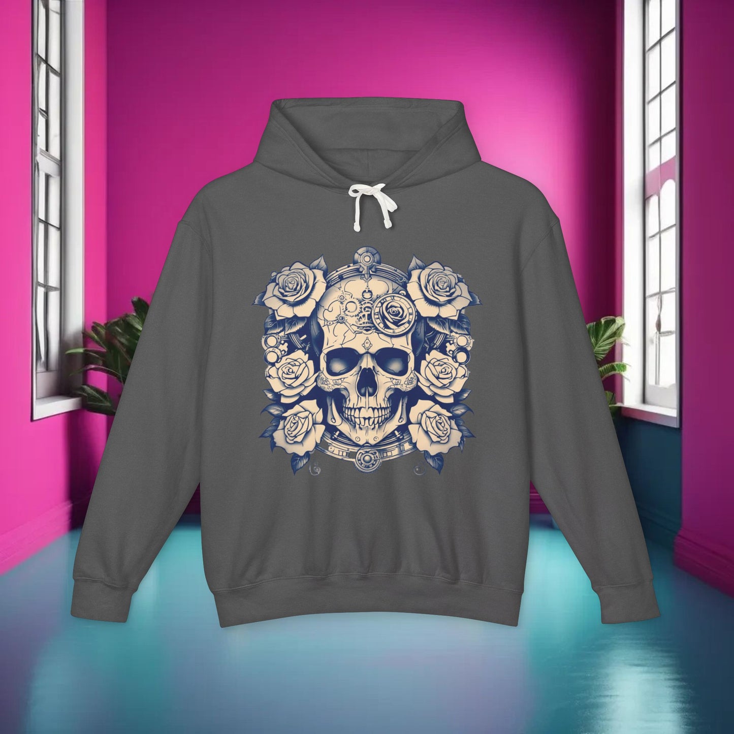 Steampunk Skull and Roses Lightweight Hoodie, Unisex Edgy Designer Sweatshirt