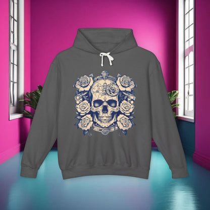 Steampunk Skull and Roses Lightweight Hoodie displayed in a vibrant setting, showcasing its unique design. Unisex edgy designer sweatshirt featuring intricate skull and rose graphics.