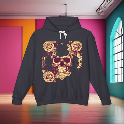 Unisex Lightweight Hooded Sweatshirt adorned with a unique designer skull and roses print, showcased in an elegant dark colour.