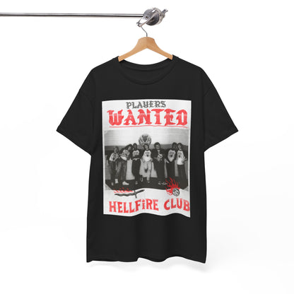 Chic black T-shirt hanging gracefully, adorned with a striking 'Players Wanted' illustration from the Hellfire Club, perfect for discerning fans of Stranger Things.