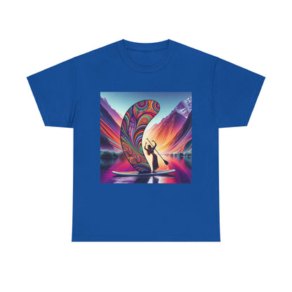 Luxury Paddleboard Adventure T-Shirt in vibrant blue showcasing captivating paddleboarding graphics, perfect for expressing a passion for water sports.