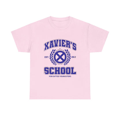 Luxury unisex tee shirt featuring the Xavier's School for Gifted Youngsters X-Men logo in vibrant purple on a soft pink fabric.