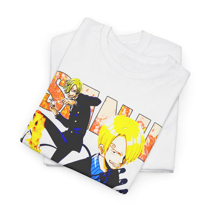 Luxury anime-inspired t-shirt featuring a vibrant graphic of Sanji in dynamic poses and striking colours, perfect for fashionistas who appreciate anime culture.