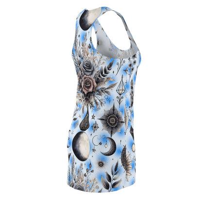 Alternative side view of the Chic Women's Racerback Dress, highlighting the intricate floral and celestial pattern, perfect for summer social events.