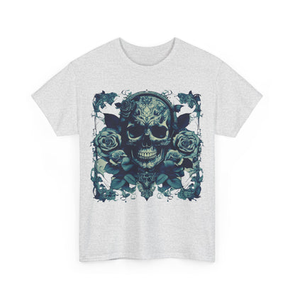 Artistic front view of the Skulls and Roses Cotton Tee showcasing the intricate skull and roses design.