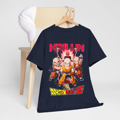 Luxurious navy Dragon Ball Z men's T-shirt featuring a dynamic Krillin graphic, capturing energy and action with vibrant colours.