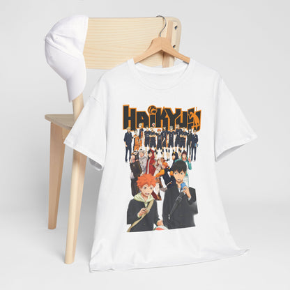 Chic Haikyuu!! All-Stars T-shirt elegantly draped on a wooden chair, highlighting its eye-catching character print, ideal for casual wear or special occasions.