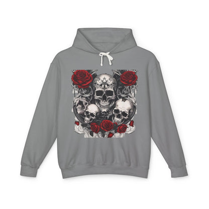 Front view of a grey Unisex Lightweight Hooded Sweatshirt featuring unique designer skull and roses artwork, a statement piece for stylish individuals.