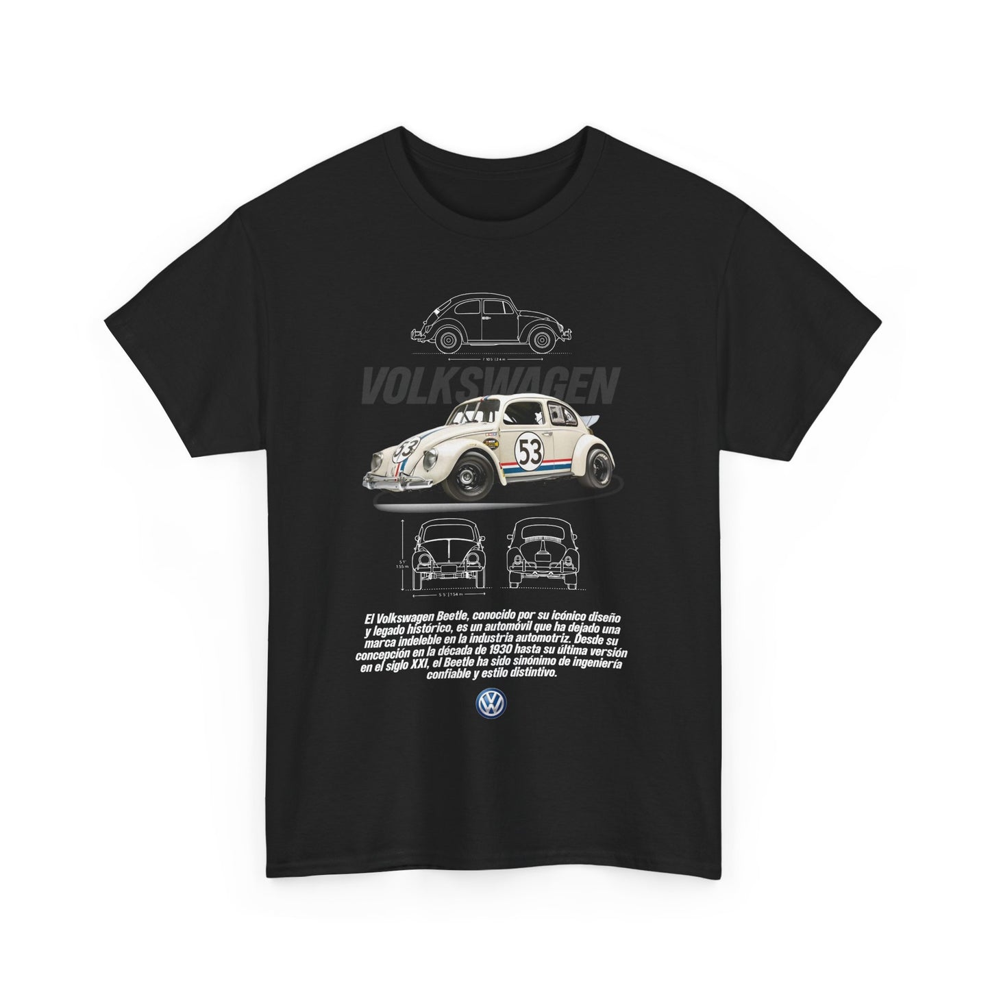 Stylish black t-shirt featuring a detailed illustration of the iconic Volkswagen Beetle 53, perfect for automotive enthusiasts.