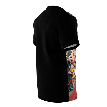 Close-up of the exclusive Local Celebrity Tee by Dazzling Dreams Studio, highlighting the vibrant colours and dynamic character artwork, representing high-fashion and pop culture elegance.