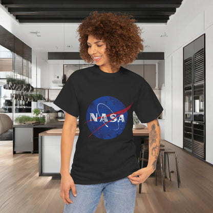 Urban NASA Logo Graphic T-Shirt in 100% Cotton, worn stylishly by an individual in a modern kitchen, featuring the iconic NASA logo, designed for contemporary street fashion.