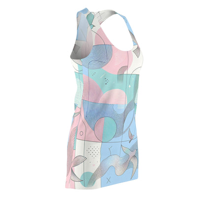 Valentina Marquis Racerback Dress featuring a stylish pastel geometric design with intricate bird outlines, showcasing modern aesthetics and feminine charm.