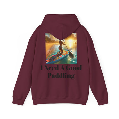 Elegant maroon Fantasy Paddleboarding Unisex Hooded Sweatshirt highlighted by a captivating image of a paddleboarder against a sunset backdrop, designed for style and comfort.
