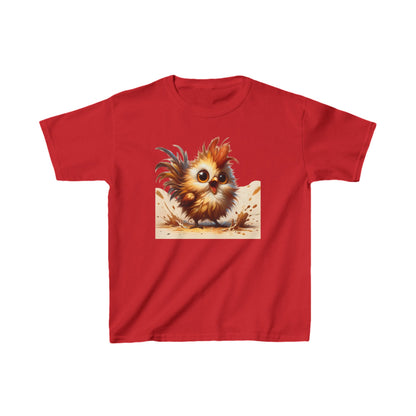 Child's Unisex Cartoon Bird Graphic Cotton Tee in Red highlighting a vibrant cartoon bird graphic, a stylish choice for young adventurers.