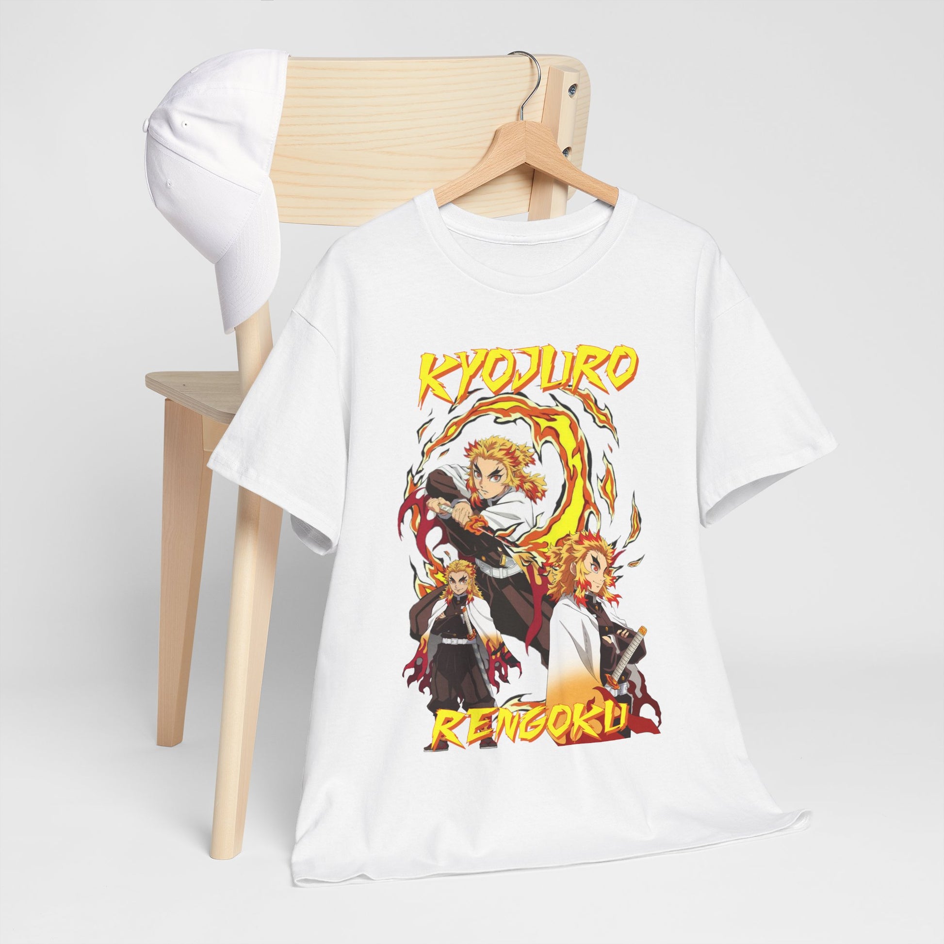 Stylish Kyojuro Rengoku anime t-shirt artistically styled with a cap on a chair, highlighting its vibrant artwork and contemporary appeal for anime collectors and fashion aficionados.