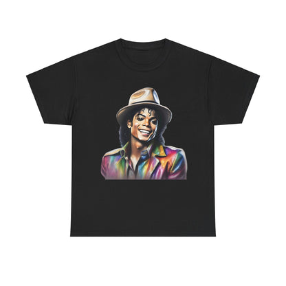Michael Jackson Portrait Graphic Unisex T-Shirt – Luxurious Art Tee Celebrating The King Of Pop featuring a close-up of Michael Jackson in a stylish multicolored jacket and fedora, exuding charisma and creativity.