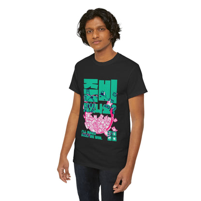 Sophisticated young man in a black Squid Game graphic t-shirt, featuring an eye-catching turquoise and pink design, embodying contemporary fashion.