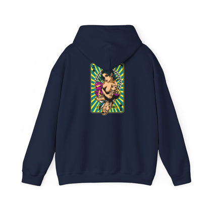 Navy blue hoodie with striking back print of a tattooed woman and playing cards, offering a unique blend of art and sophistication.