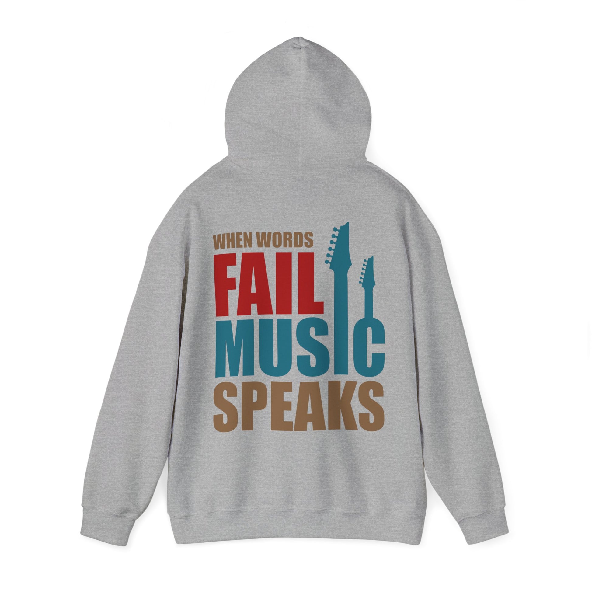 Refined light grey hoodie with a striking back print of 'When Words Fail Music Speaks', complemented by guitar silhouettes, exuding charm and creativity.