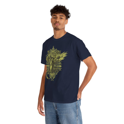 Luxurious men's t-shirt featuring an intricate Grim Reaper design with floral accents, set against a deep navy background, ideal for adding a touch of gothic elegance to any wardrobe.