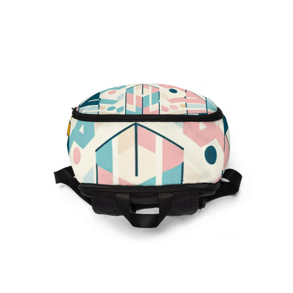 Dazzling Dreams Pastel Geometric Backpack by Dazzling Dreams Studio, showcasing elegant pastel hues and modern geometric patterns, ideal for stylish travellers and chic fashion statements.